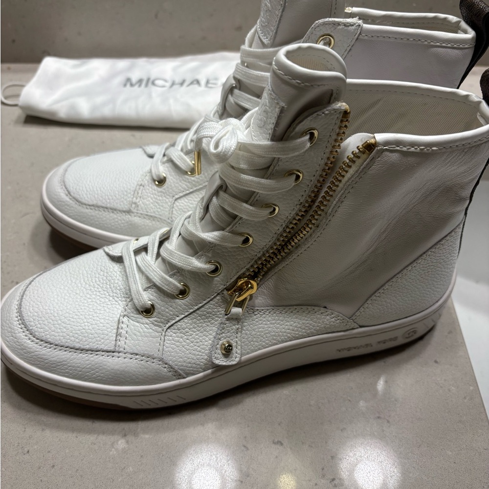 Michael Kors White Lace-Up Boots with Gold Accents